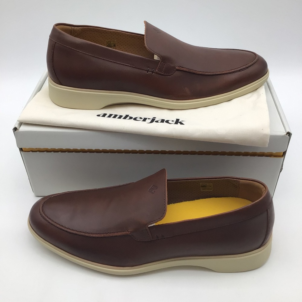 Amberjack The Loafer Mens Size 10 Chestnut Cream Leather Slip On Shoes NEW